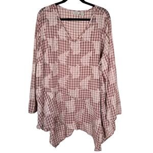 LOGO Lori Goldstein Blouse Women's 2X Red Cream Check Rose Sheer Asymmetrical